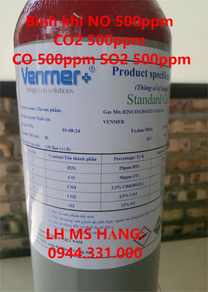 Bình khí NO 500ppm CO2 500ppm CO 500ppm SO2 500ppm