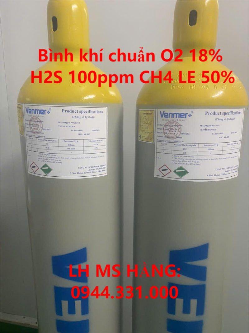 Bình khí chuẩn O2 18% H2S 100ppm CH4 LE 50%