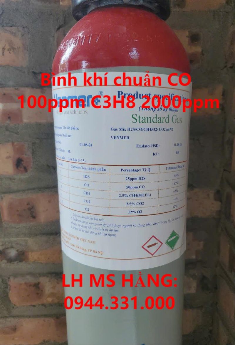 Bình khí chuẩn CO 100ppm C3H8 2000ppm