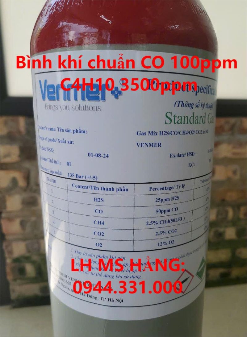 Bình khí chuẩn CO 100ppm C4H10 3500ppm