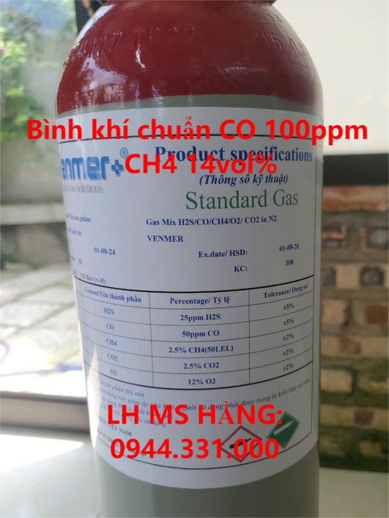 Bình khí chuẩn CO 100ppm CH4 14vol%