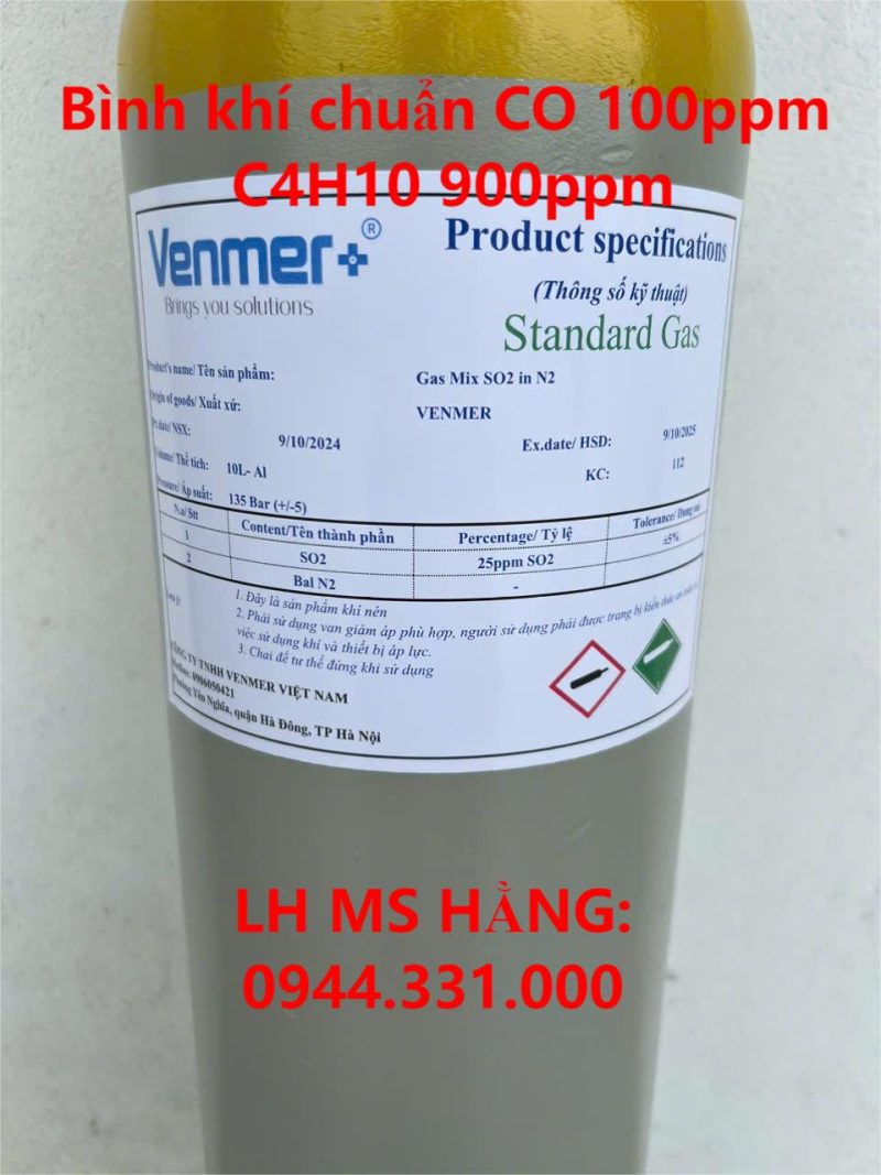 Bình khí chuẩn CO 100ppm C4H10 900ppm